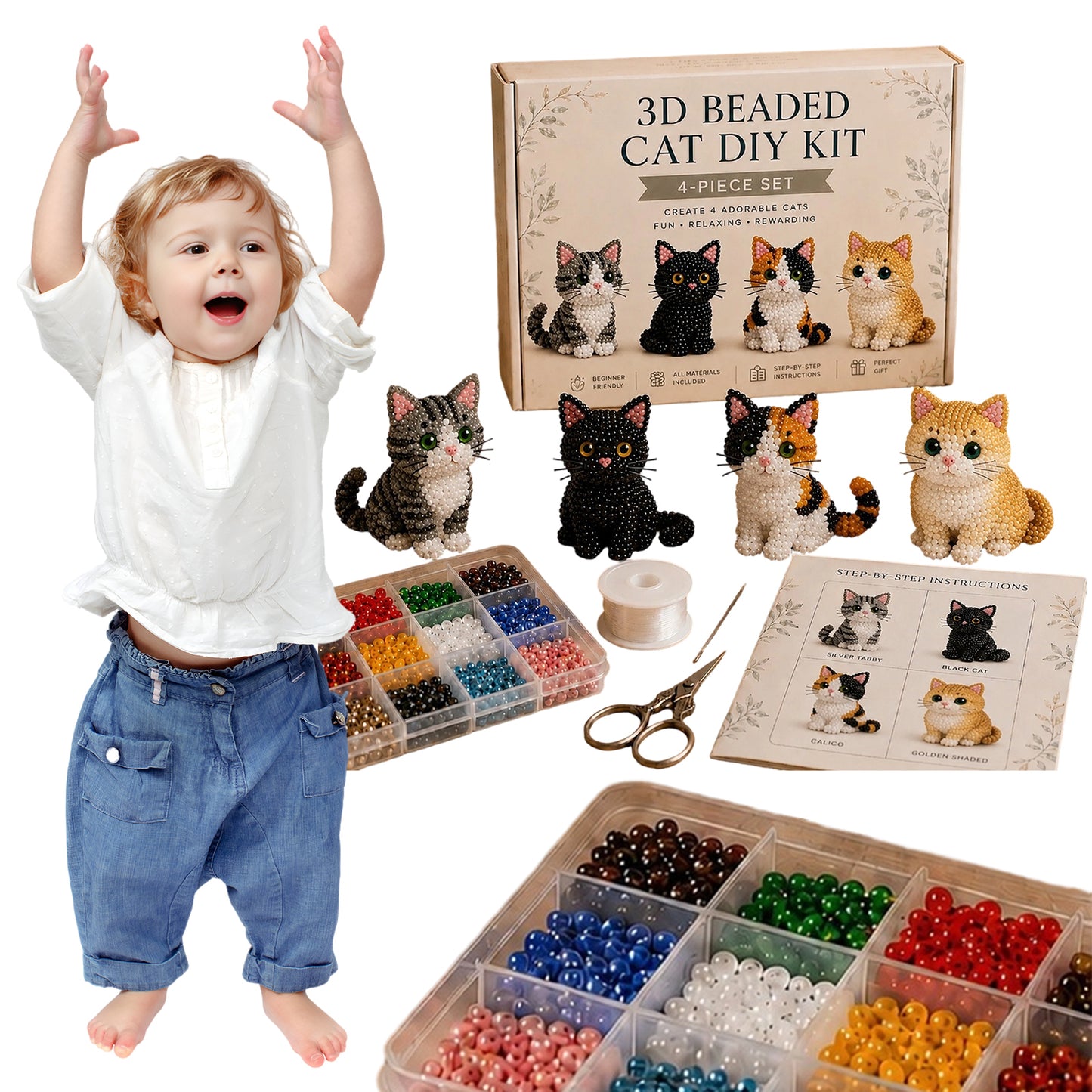 4pcs 3D DIY Cat Beaded Animal DIY Kit with Instructions Handmade Bead Art Kit Animal Beading Kit Gift for Beginners & Craft Enthusiasts (B)