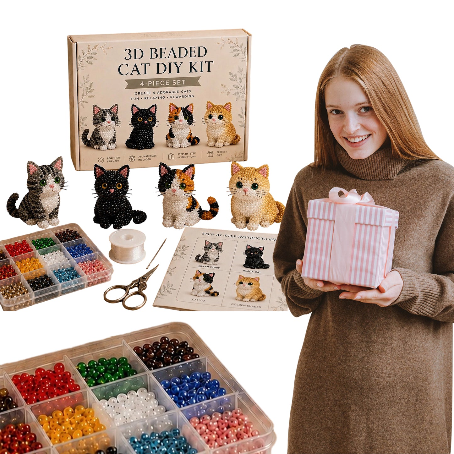 4pcs 3D DIY Cat Beaded Animal DIY Kit with Instructions Handmade Bead Art Kit Animal Beading Kit Gift for Beginners & Craft Enthusiasts (B)