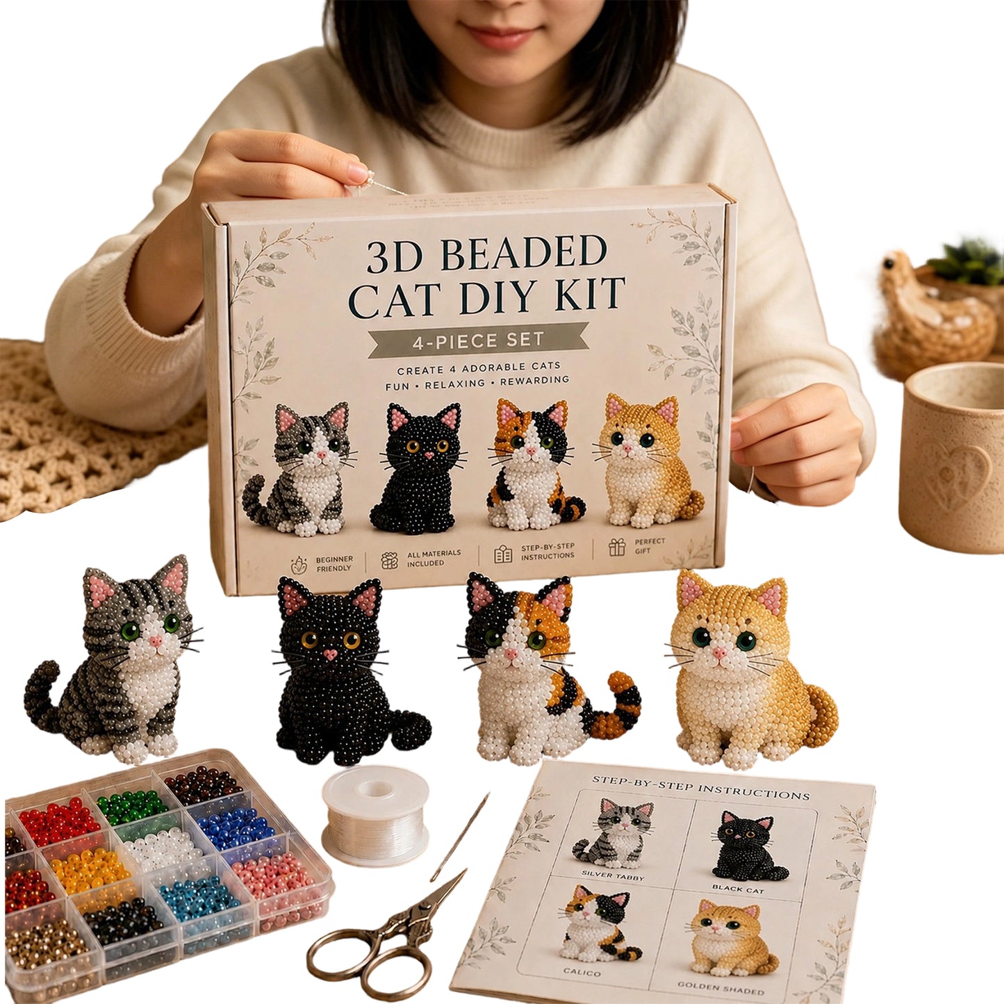 4pcs 3D DIY Cat Beaded Animal DIY Kit with Instructions Handmade Bead Art Kit Animal Beading Kit Gift for Beginners & Craft Enthusiasts (B)