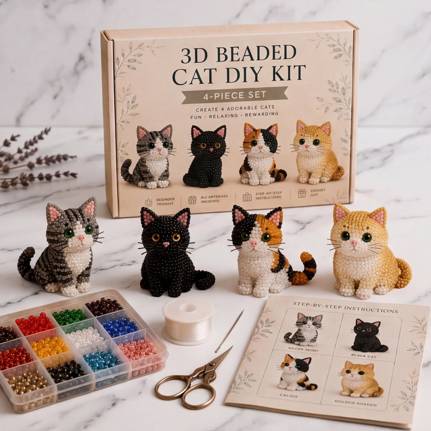 4pcs 3D DIY Cat Beaded Animal DIY Kit with Instructions Handmade Bead Art Kit Animal Beading Kit Gift for Beginners & Craft Enthusiasts (B)