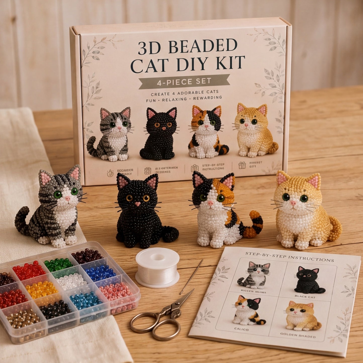 4pcs 3D DIY Cat Beaded Animal DIY Kit with Instructions Handmade Bead Art Kit Animal Beading Kit Gift for Beginners & Craft Enthusiasts (B)