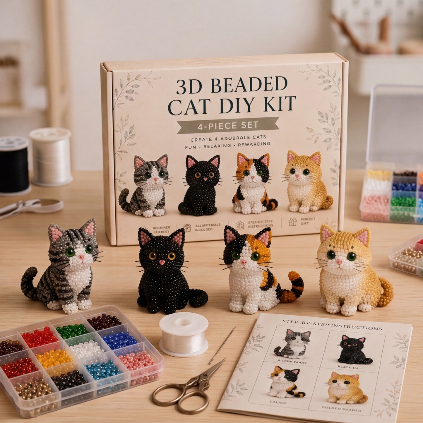 4pcs 3D DIY Cat Beaded Animal DIY Kit with Instructions Handmade Bead Art Kit Animal Beading Kit Gift for Beginners & Craft Enthusiasts (B)