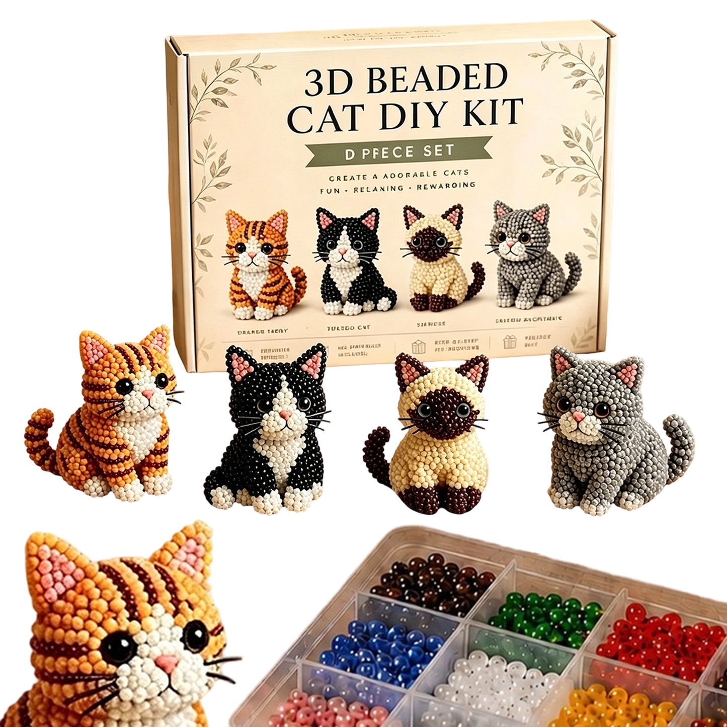 4pcs 3D DIY Cat Beaded Animal DIY Kit with Instructions Handmade Bead Art Kit Animal Beading Kit Gift for Beginners & Craft Enthusiasts (C)