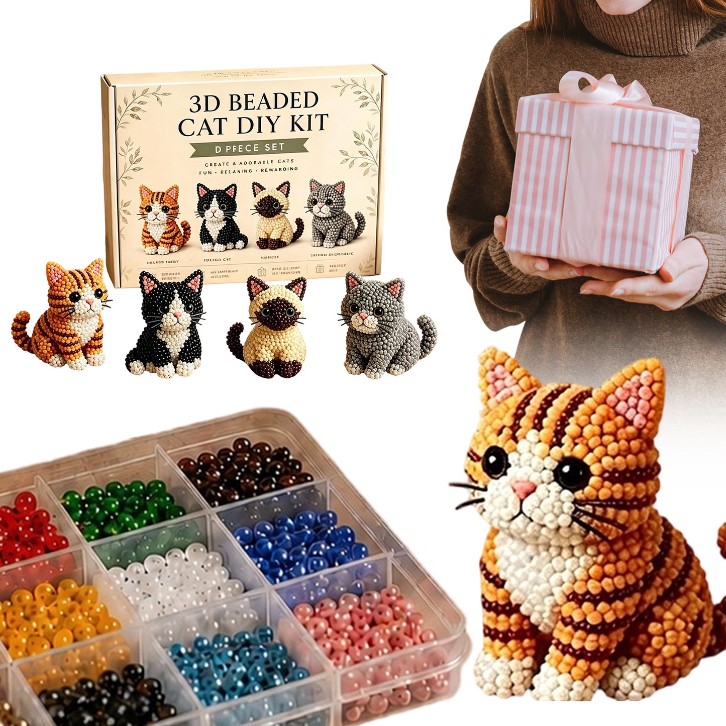 4pcs 3D DIY Cat Beaded Animal DIY Kit with Instructions Handmade Bead Art Kit Animal Beading Kit Gift for Beginners & Craft Enthusiasts (C)