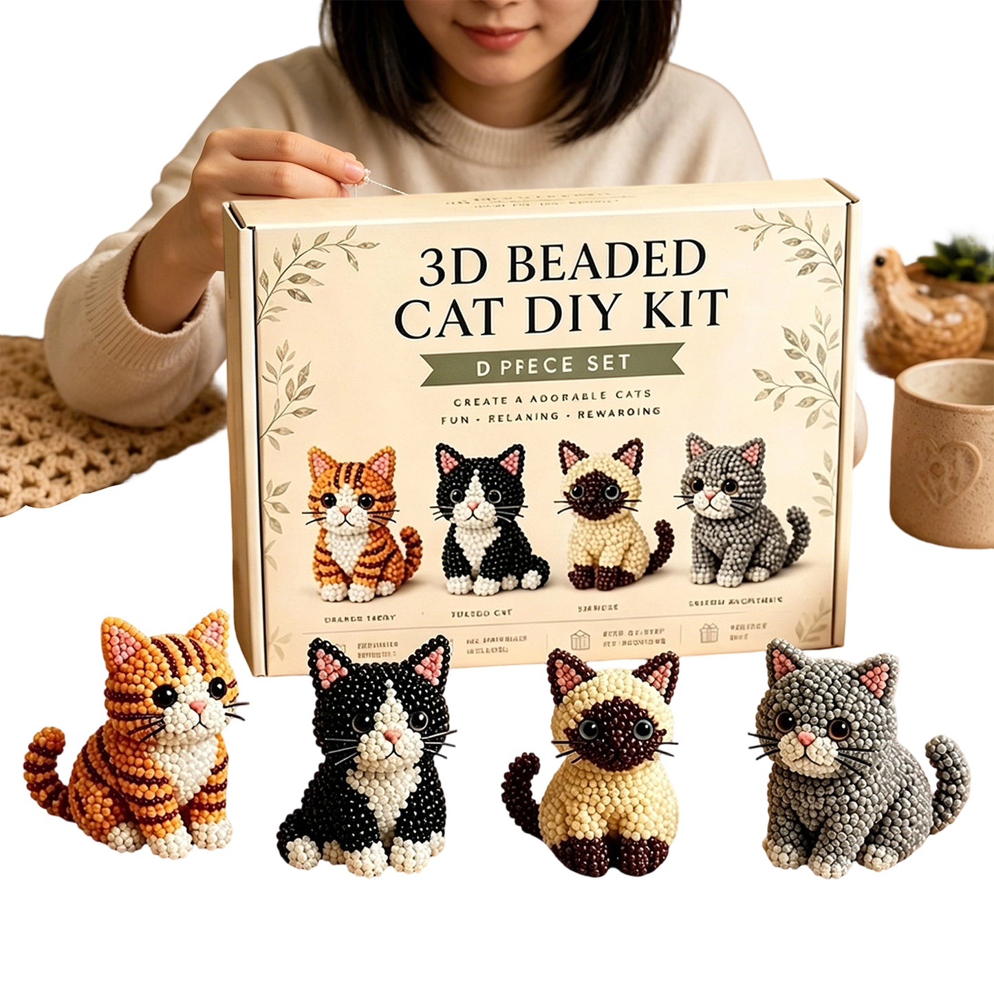 4pcs 3D DIY Cat Beaded Animal DIY Kit with Instructions Handmade Bead Art Kit Animal Beading Kit Gift for Beginners & Craft Enthusiasts (C)
