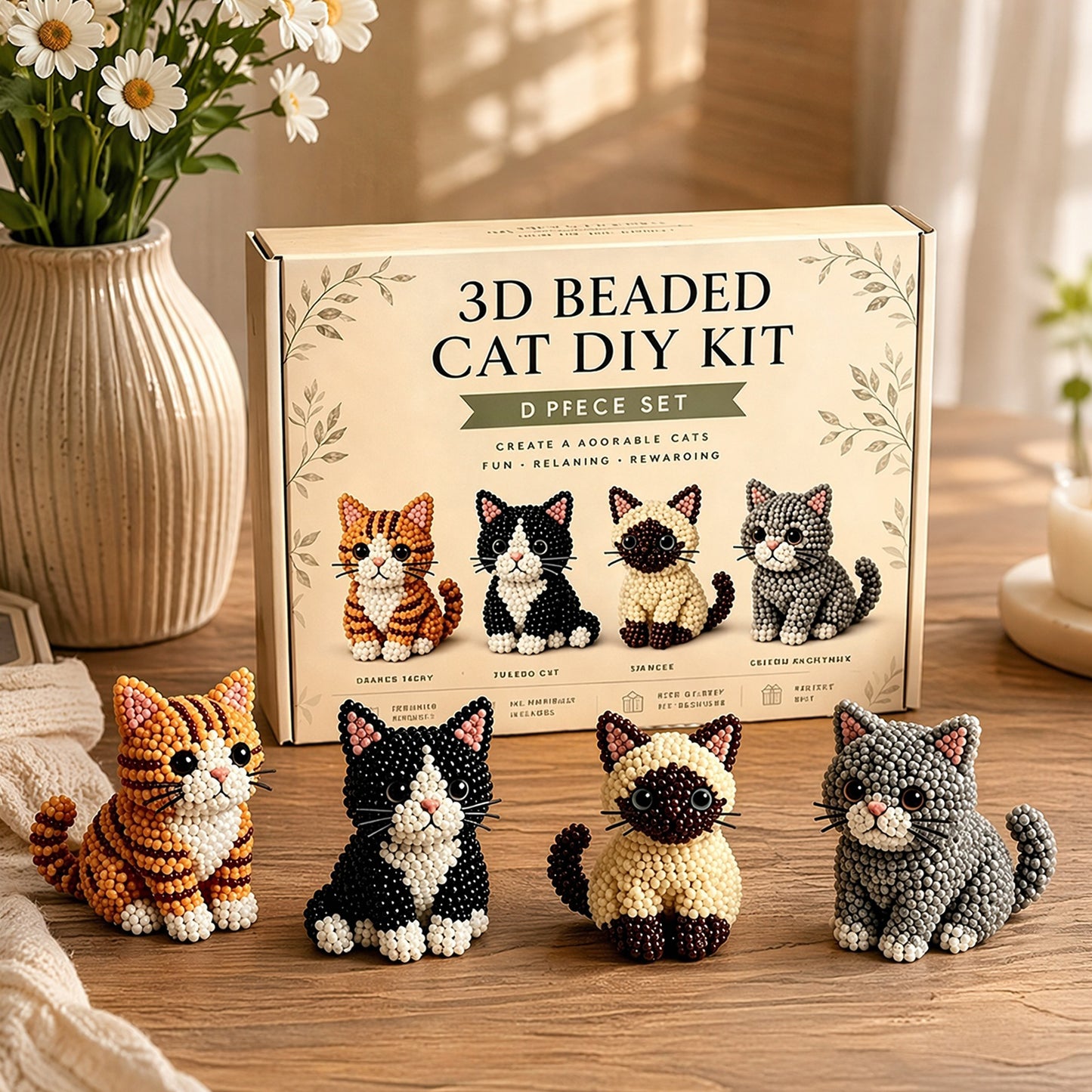 4pcs 3D DIY Cat Beaded Animal DIY Kit with Instructions Handmade Bead Art Kit Animal Beading Kit Gift for Beginners & Craft Enthusiasts (C)