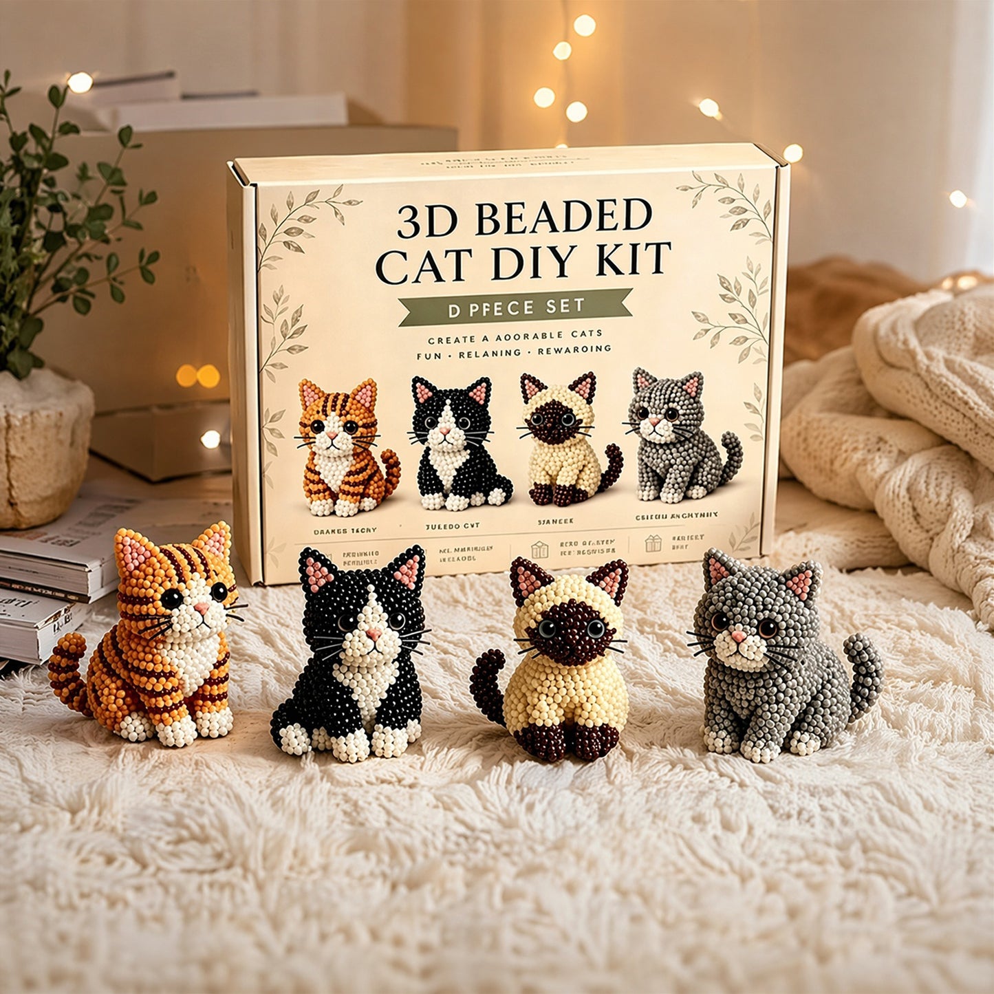 4pcs 3D DIY Cat Beaded Animal DIY Kit with Instructions Handmade Bead Art Kit Animal Beading Kit Gift for Beginners & Craft Enthusiasts (C)
