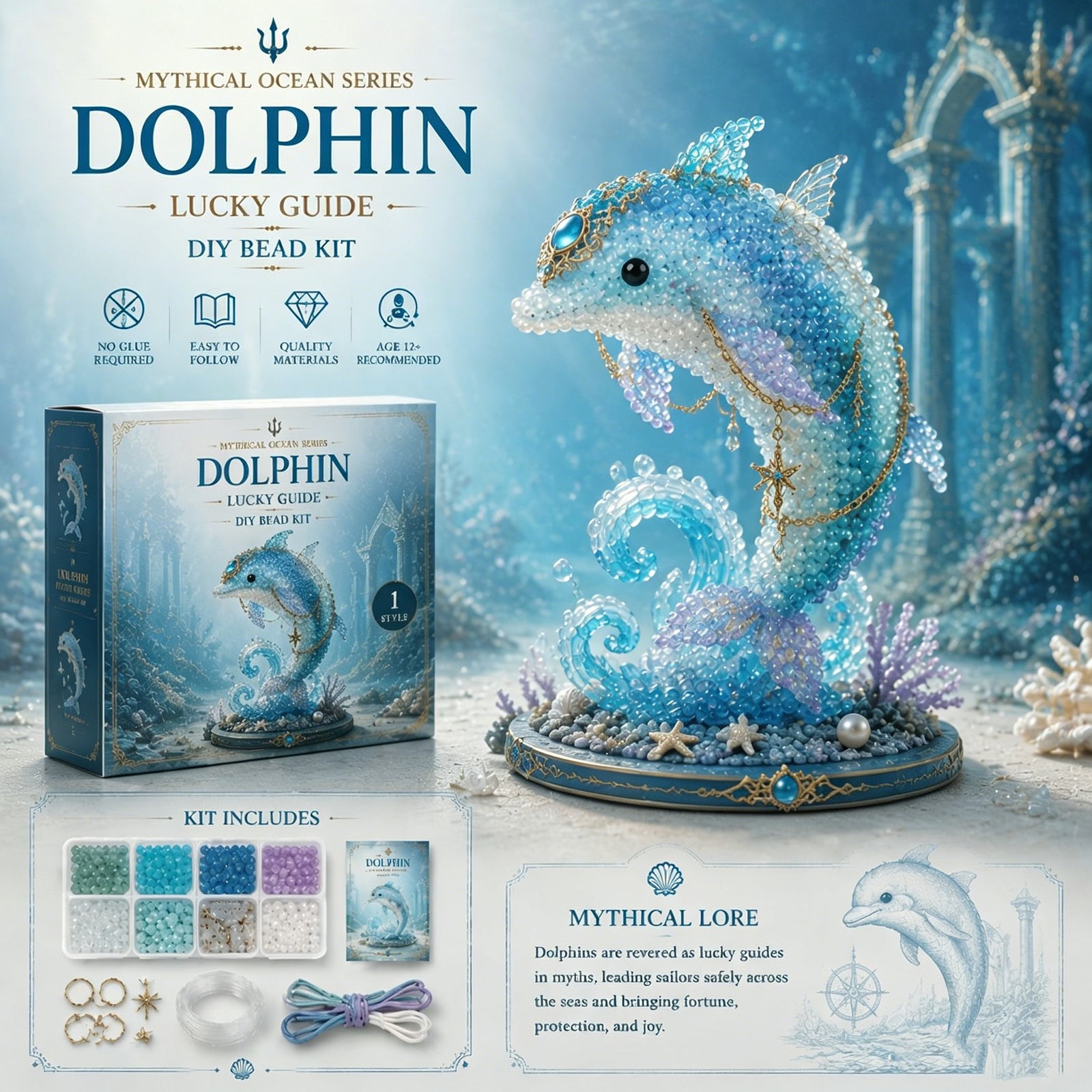Mythical Ocean 3D DIY Beaded Animal Making Kit with Full Materials & Instructions Beaded Craft Kit Bead Embroidery Set Gift For Beginners & Craft Enthusiasts (dolphin)
