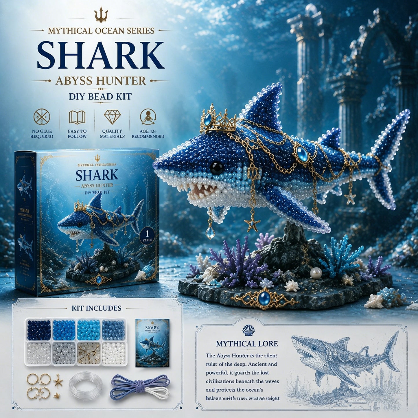Mythical Ocean 3D DIY Beaded Animal Making Kit with Full Materials & Instructions Beaded Craft Kit Bead Embroidery Set Gift For Beginners & Craft Enthusiasts (shark)