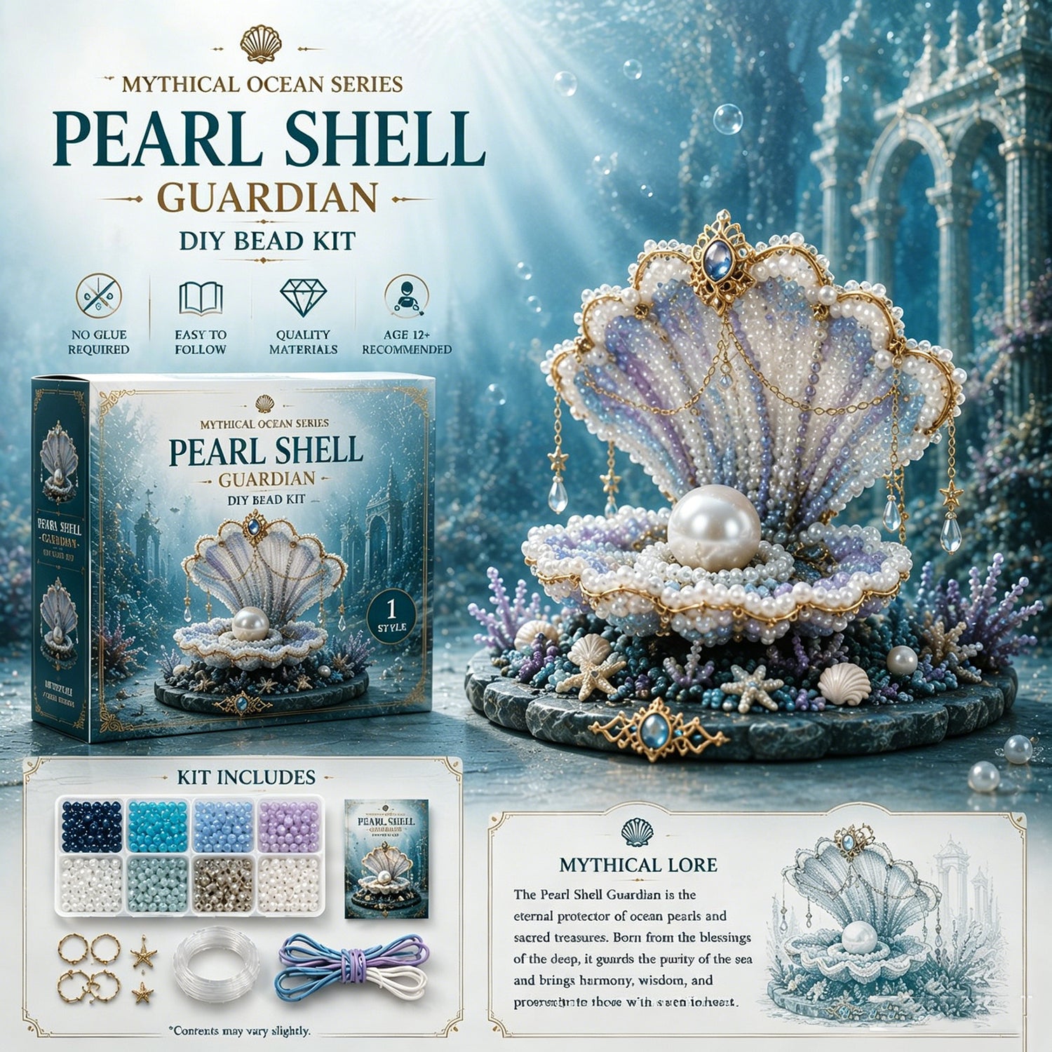 Mythical Ocean 3D DIY Beaded Animal Making Kit with Full Materials & Instructions Beaded Craft Kit Bead Embroidery Set Gift For Beginners & Craft Enthusiasts (Pearl Guardian)