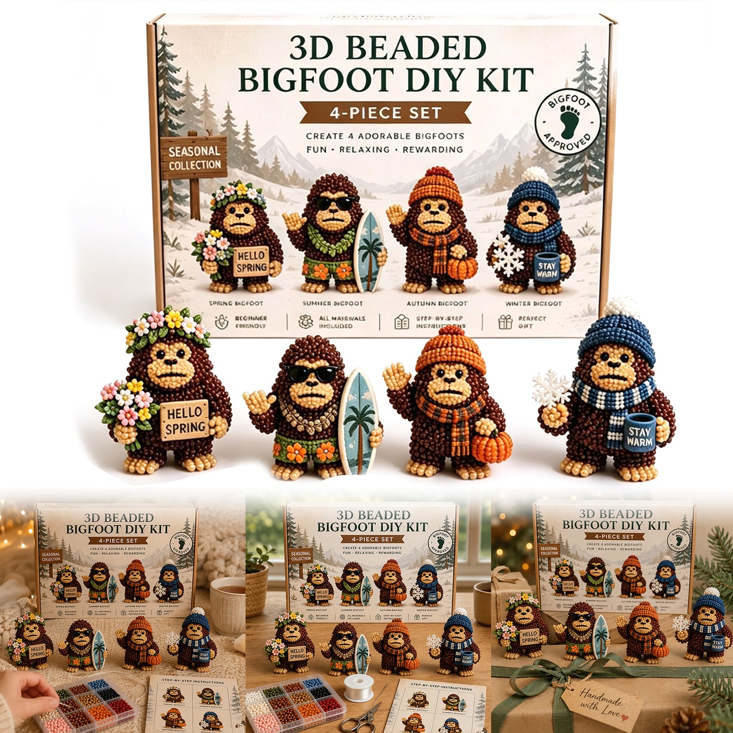 DIY 3D Animals Bead Embroidery Kits Complete Accessories Bead Embroidery Set Cute Bead Craft Animal Set for Crafting Enthusiasts Girls Women Teens Adults (Seasons)