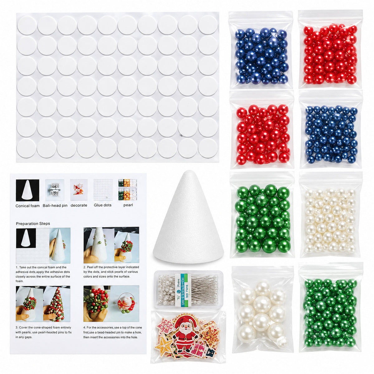 Beaded Xmas Tree DIY Kit 9 Holiday Styles Foam Cone Pearl Includes Beads Pins Charms Instructions Gift Box Holiday Tabletop Decor Set