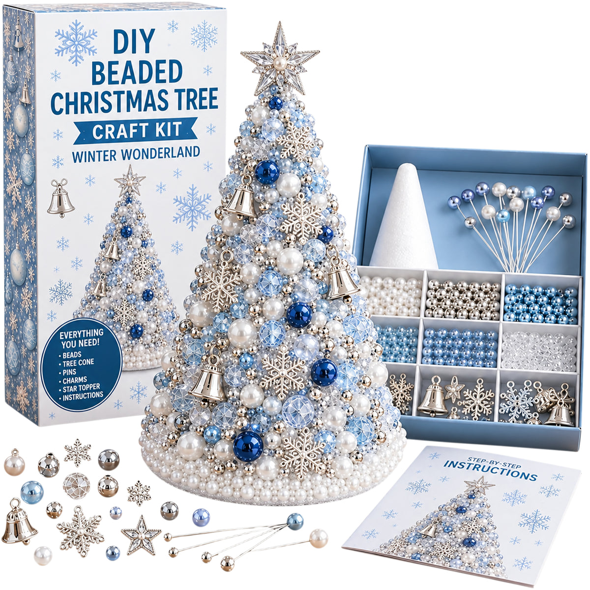 Beaded Xmas Tree DIY Kit 9 Holiday Styles Foam Cone Pearl Includes Beads Pins Charms Instructions Gift Box Holiday Tabletop Decor Set