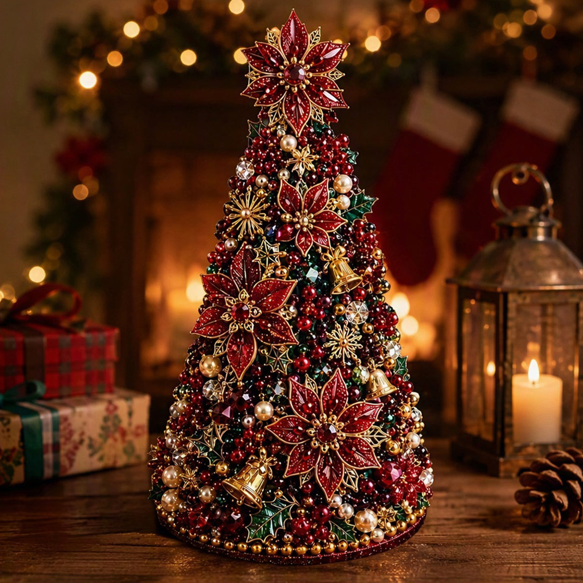 Beaded Xmas Tree DIY Kit 9 Holiday Styles Foam Cone Pearl Includes Beads Pins Charms Instructions Gift Box Holiday Tabletop Decor Set