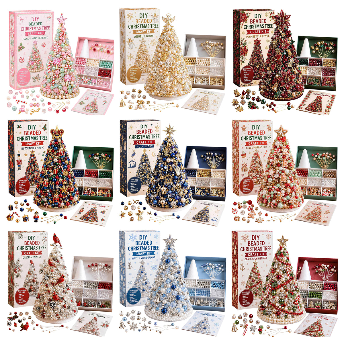 Beaded Xmas Tree DIY Kit 9 Holiday Styles Foam Cone Pearl Includes Beads Pins Charms Instructions Gift Box Holiday Tabletop Decor Set