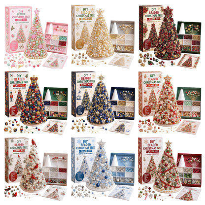 Beaded Xmas Tree DIY Kit 9 Holiday Styles Foam Cone Pearl Includes Beads Pins Charms Instructions Gift Box Holiday Tabletop Decor Set