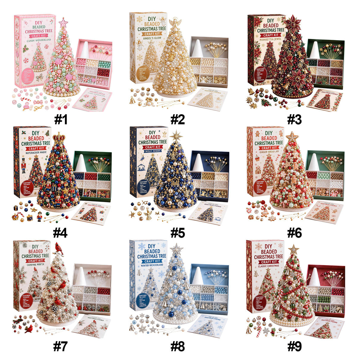 Beaded Xmas Tree DIY Kit 9 Holiday Styles Foam Cone Pearl Includes Beads Pins Charms Instructions Gift Box Holiday Tabletop Decor Set