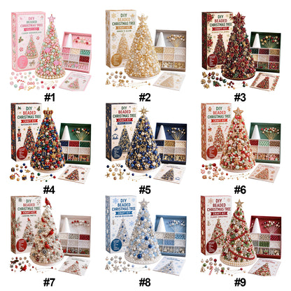 Beaded Xmas Tree DIY Kit 9 Holiday Styles Foam Cone Pearl Includes Beads Pins Charms Instructions Gift Box Holiday Tabletop Decor Set