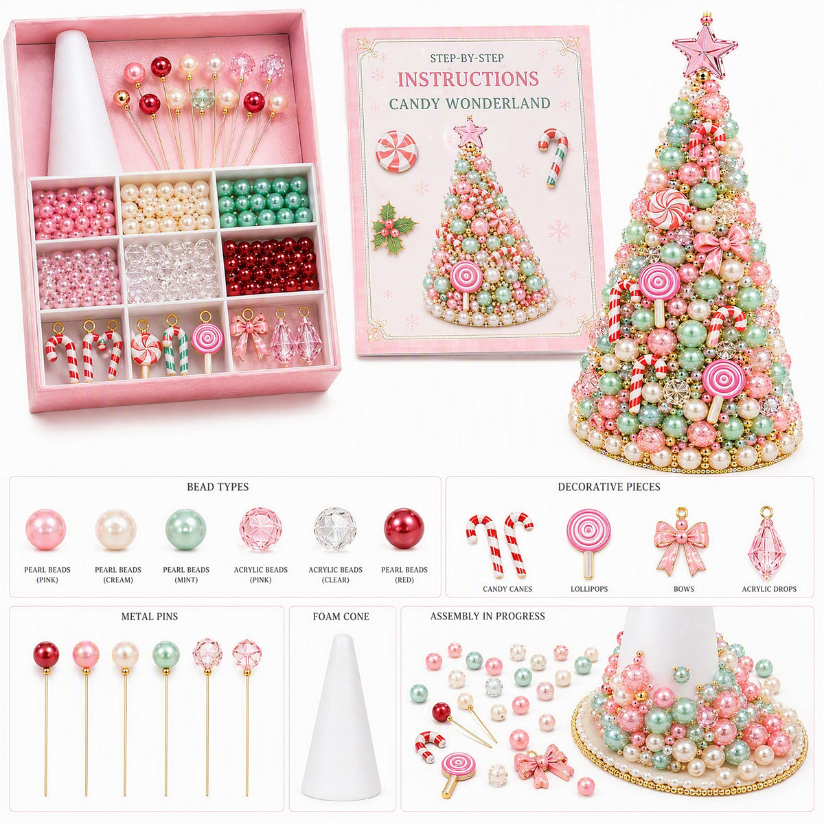 Beaded Xmas Tree DIY Kit 9 Holiday Styles Foam Cone Pearl Includes Beads Pins Charms Instructions Gift Box Holiday Tabletop Decor Set
