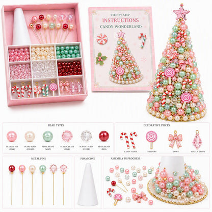 Beaded Xmas Tree DIY Kit 9 Holiday Styles Foam Cone Pearl Includes Beads Pins Charms Instructions Gift Box Holiday Tabletop Decor Set