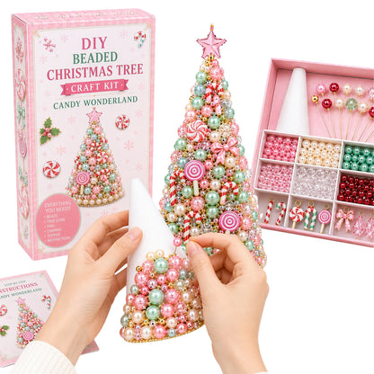 Beaded Xmas Tree DIY Kit 9 Holiday Styles Foam Cone Pearl Includes Beads Pins Charms Instructions Gift Box Holiday Tabletop Decor Set