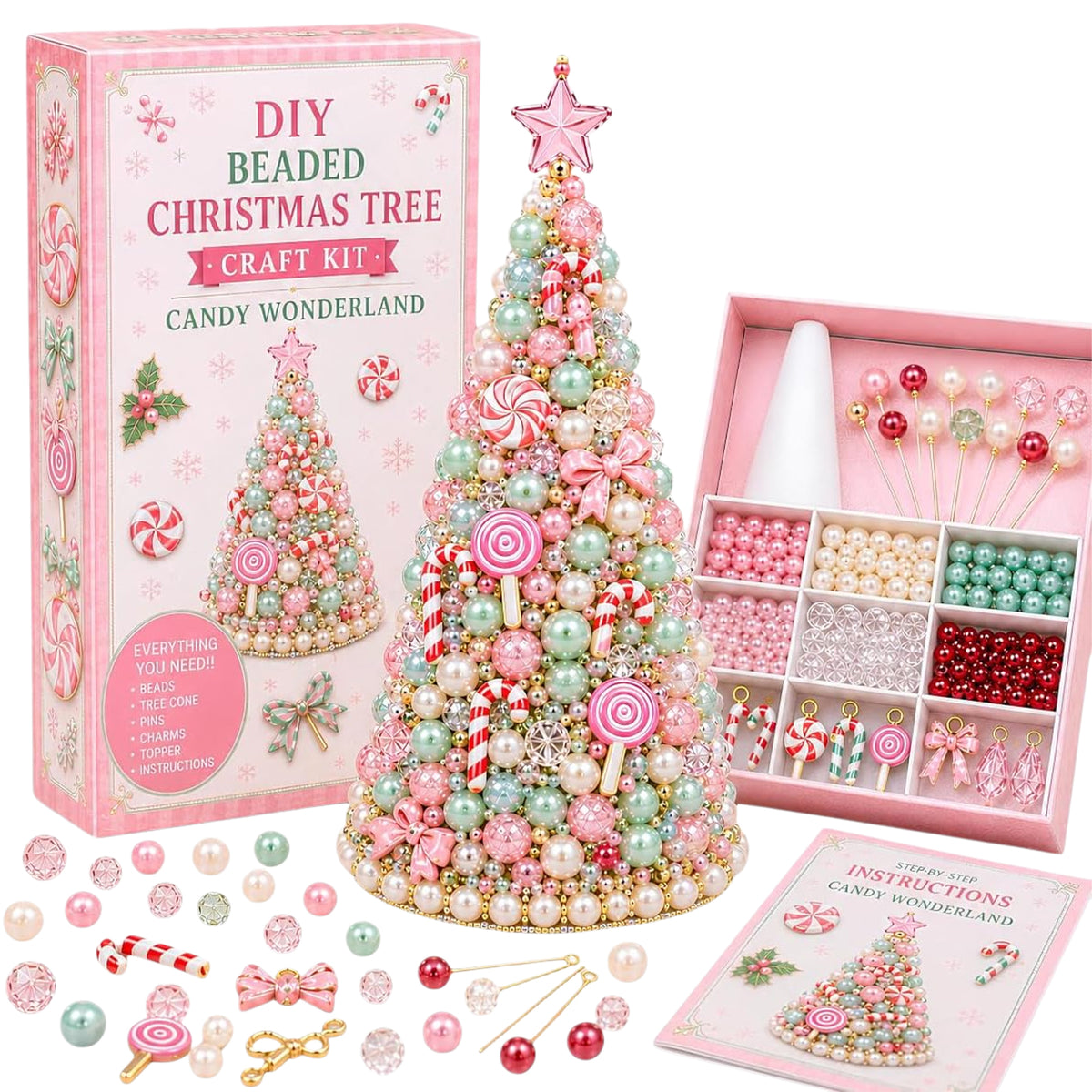 Beaded Xmas Tree DIY Kit 9 Holiday Styles Foam Cone Pearl Includes Beads Pins Charms Instructions Gift Box Holiday Tabletop Decor Set
