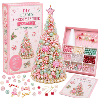 Beaded Xmas Tree DIY Kit 9 Holiday Styles Foam Cone Pearl Includes Beads Pins Charms Instructions Gift Box Holiday Tabletop Decor Set