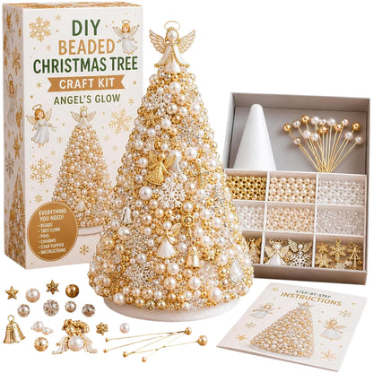 Beaded Xmas Tree DIY Kit 9 Holiday Styles Foam Cone Pearl Includes Beads Pins Charms Instructions Gift Box Holiday Tabletop Decor Set