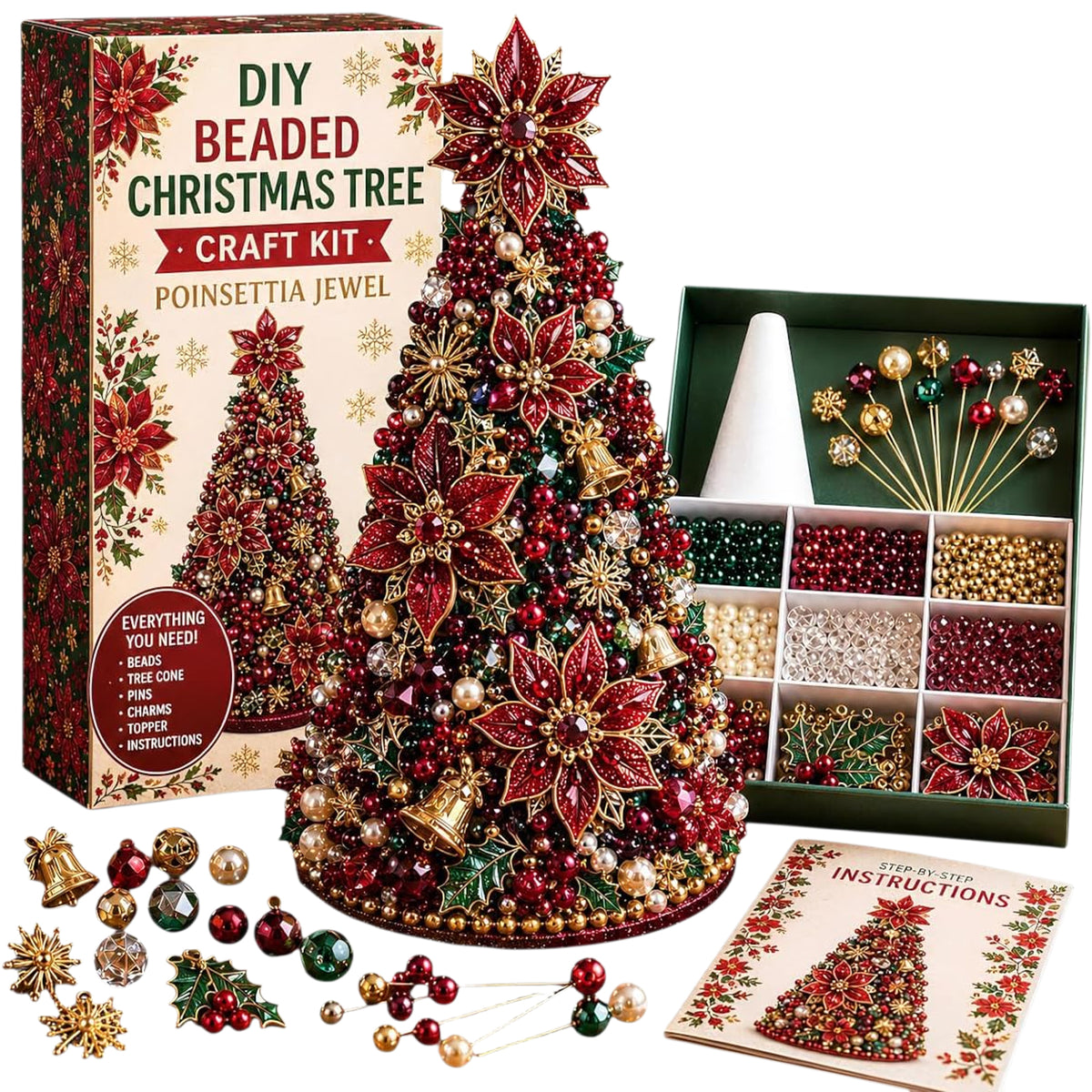 Beaded Xmas Tree DIY Kit 9 Holiday Styles Foam Cone Pearl Includes Beads Pins Charms Instructions Gift Box Holiday Tabletop Decor Set