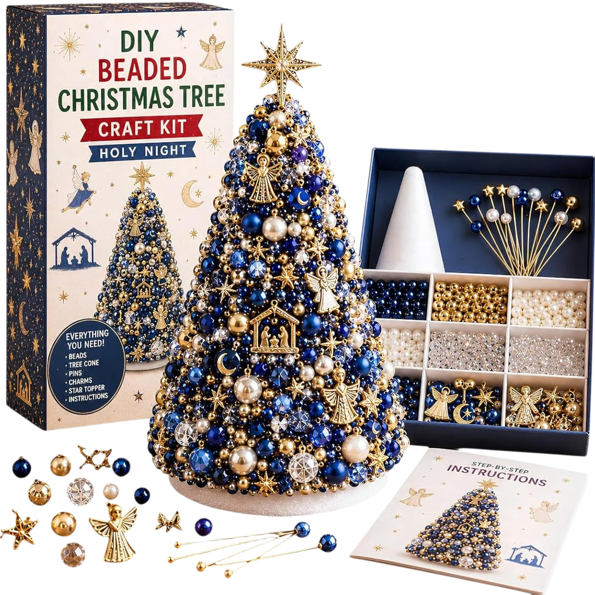 Beaded Xmas Tree DIY Kit 9 Holiday Styles Foam Cone Pearl Includes Beads Pins Charms Instructions Gift Box Holiday Tabletop Decor Set