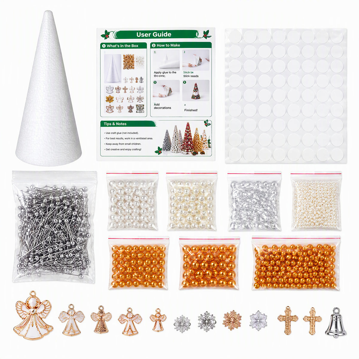 DIY Beaded Christmas Tree Kit Angel Glow Foam Cone with Pins Charms