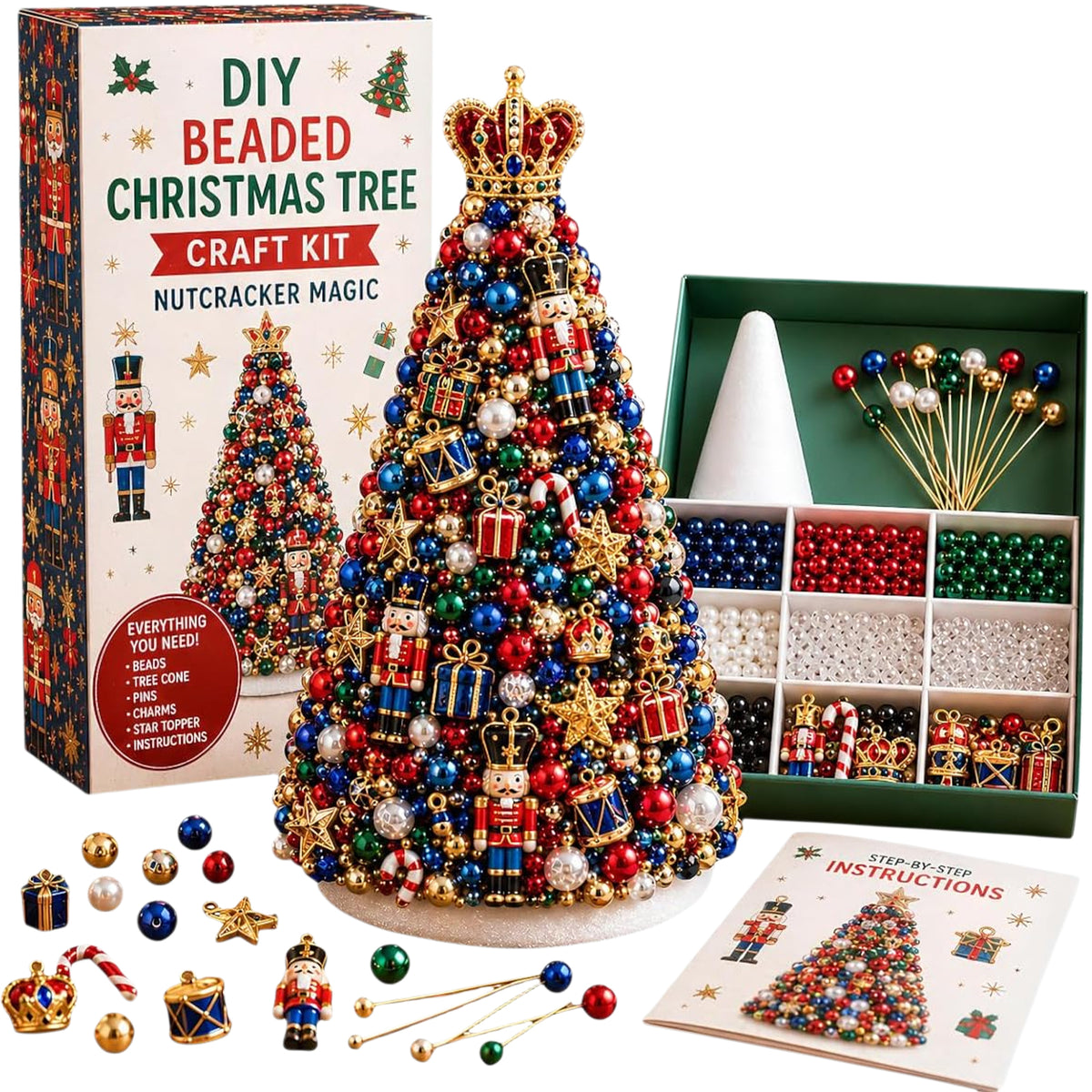 Beaded Xmas Tree DIY Kit 9 Holiday Styles Foam Cone Pearl Includes Beads Pins Charms Instructions Gift Box Holiday Tabletop Decor Set