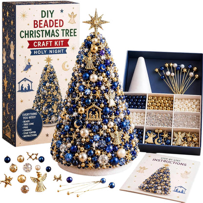 Beaded Xmas Tree DIY Kit 9 Holiday Styles Foam Cone Pearl Includes Beads Pins Charms Instructions Gift Box Holiday Tabletop Decor Set