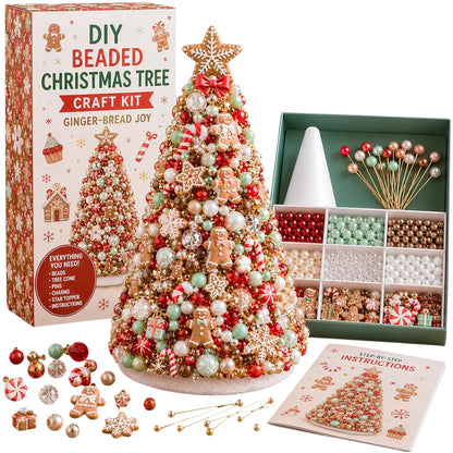 Beaded Xmas Tree DIY Kit 9 Holiday Styles Foam Cone Pearl Includes Beads Pins Charms Instructions Gift Box Holiday Tabletop Decor Set