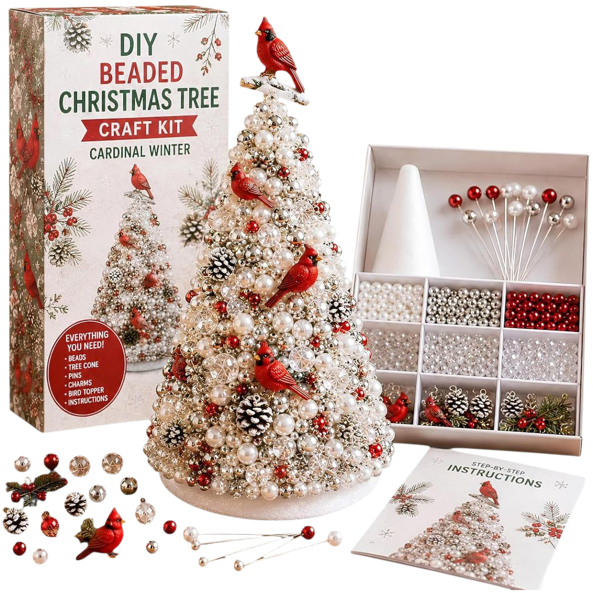 Beaded Xmas Tree DIY Kit 9 Holiday Styles Foam Cone Pearl Includes Beads Pins Charms Instructions Gift Box Holiday Tabletop Decor Set