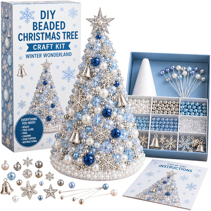 Beaded Xmas Tree DIY Kit 9 Holiday Styles Foam Cone Pearl Includes Beads Pins Charms Instructions Gift Box Holiday Tabletop Decor Set