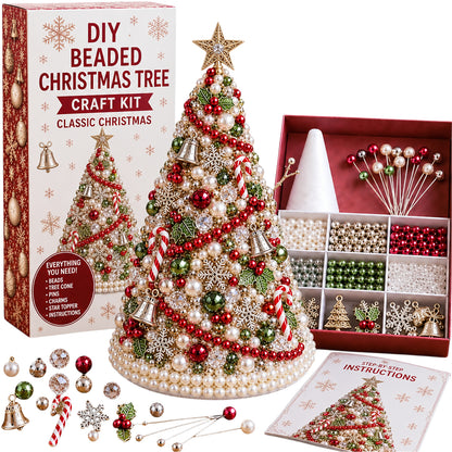 Beaded Xmas Tree DIY Kit 9 Holiday Styles Foam Cone Pearl Includes Beads Pins Charms Instructions Gift Box Holiday Tabletop Decor Set